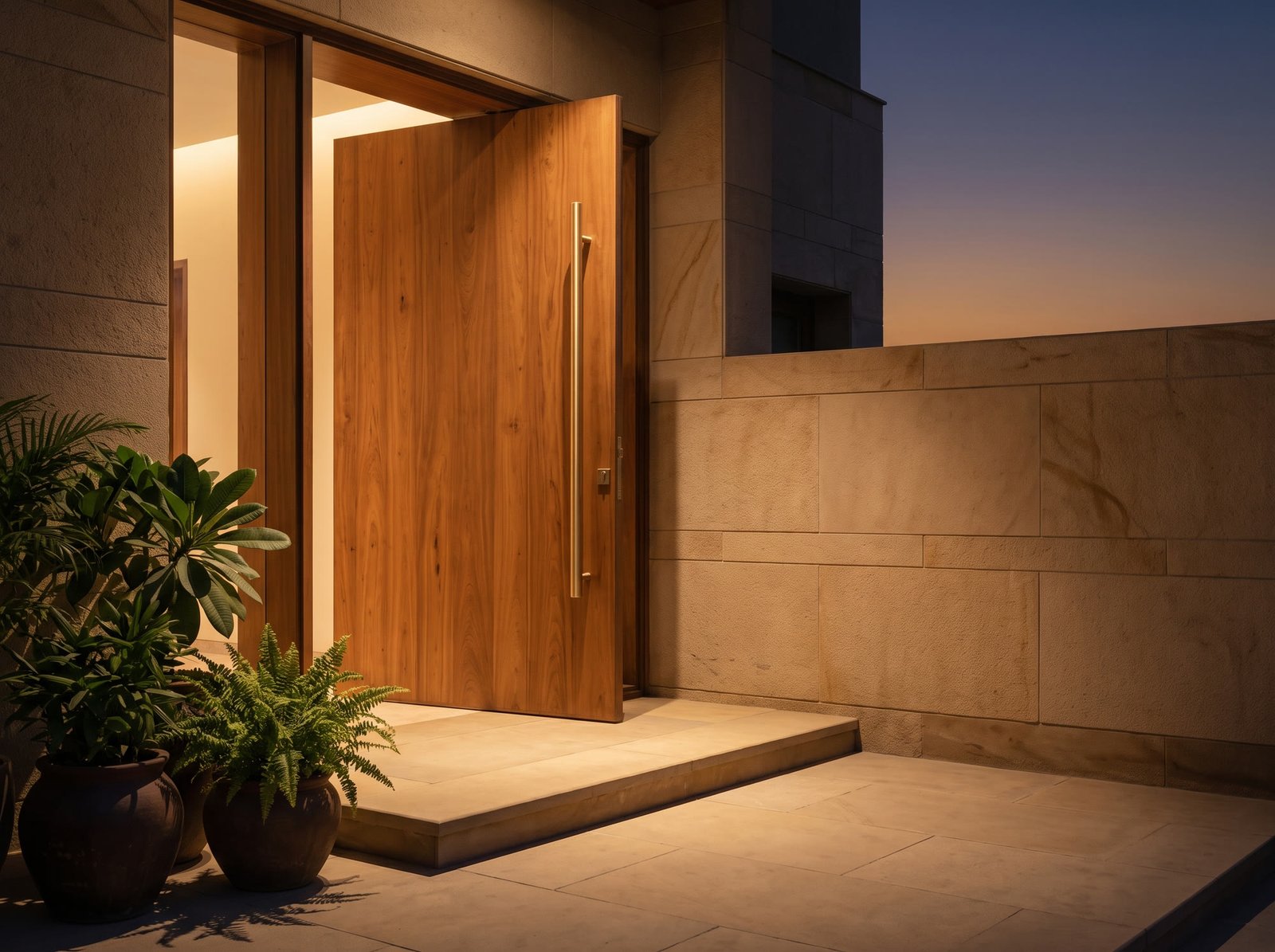Welcoming entrance door of a modern home at dusk