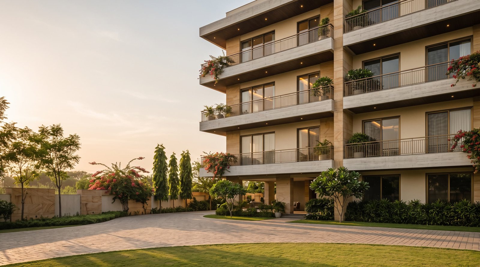 Modern residential apartment building at golden hour