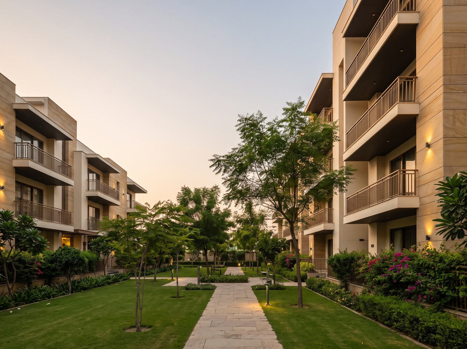Landscaped courtyard between residential buildings